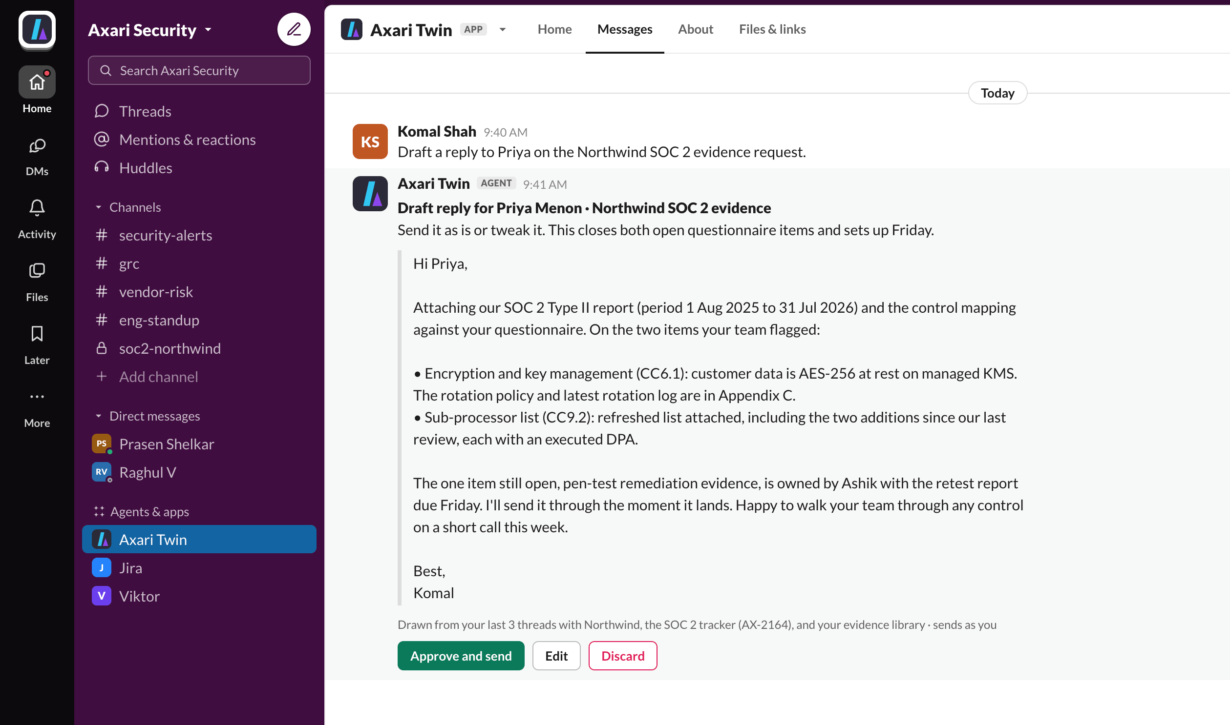 Axari Twin drafting a SOC 2 reply in Slack with approve, edit, and discard actions