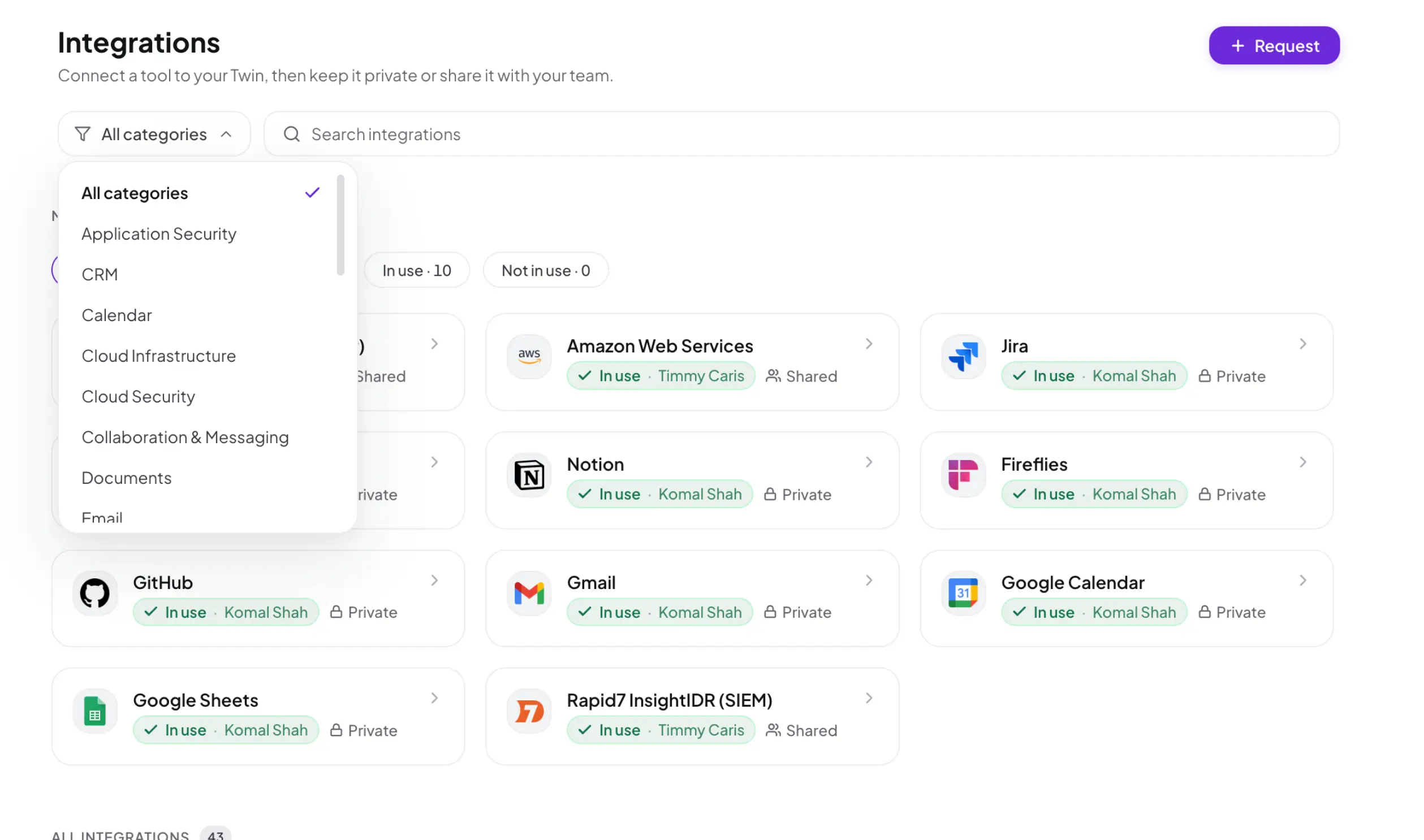 Integrations dashboard connecting Slack, Jira, Google Drive, and HubSpot