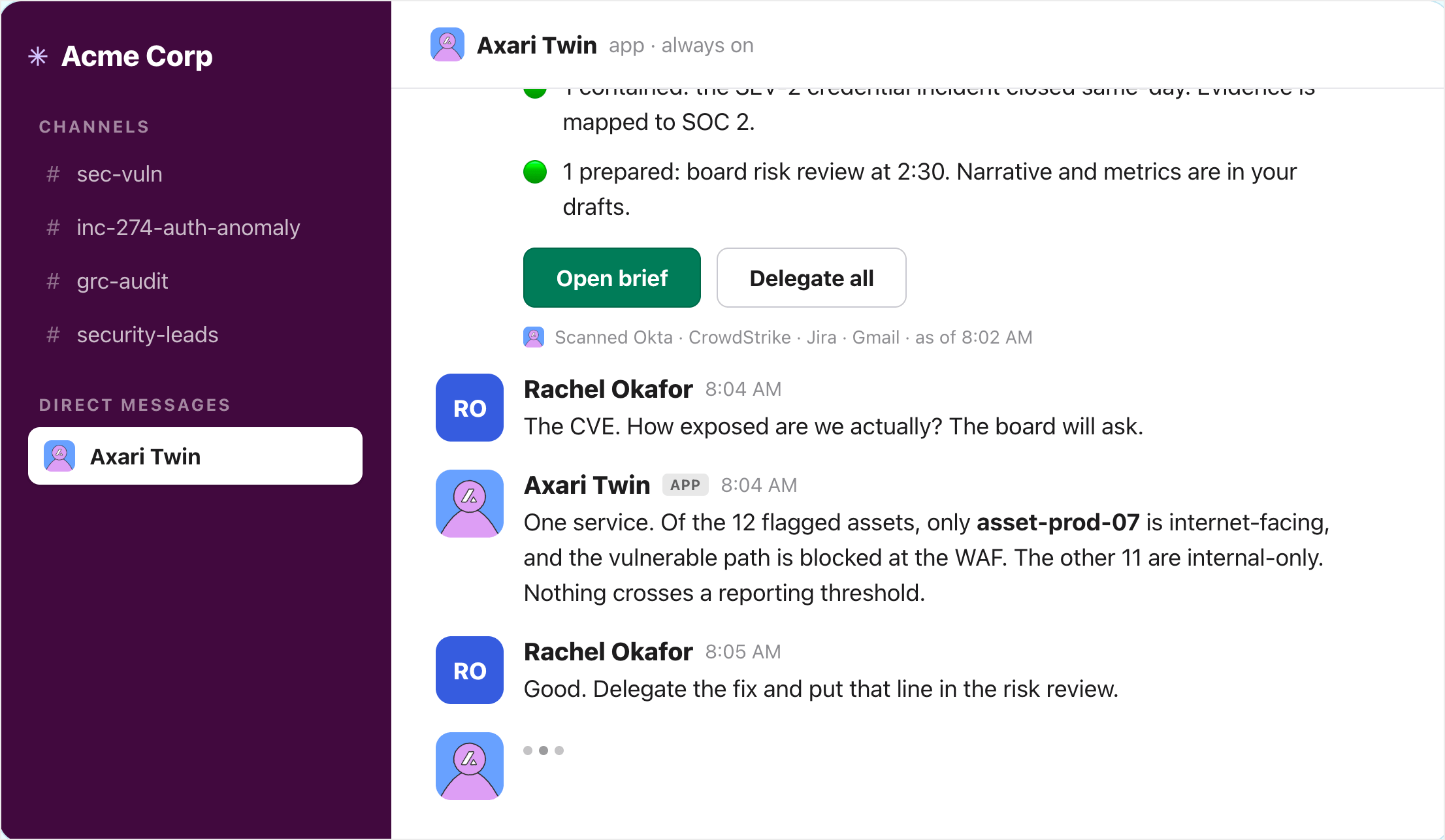 Axari Twin in Slack summarizing incidents and coordinating remediation